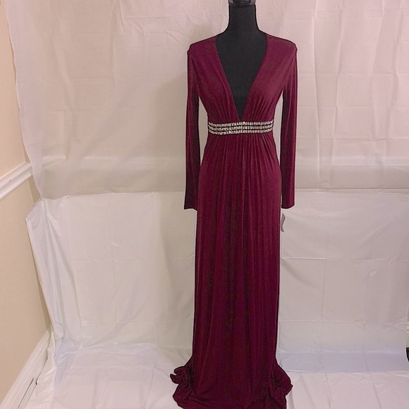 SKY Low-cut V-neck Long Sleeve Maxi Dress Burgundy Size XS - Picture 5 of 9